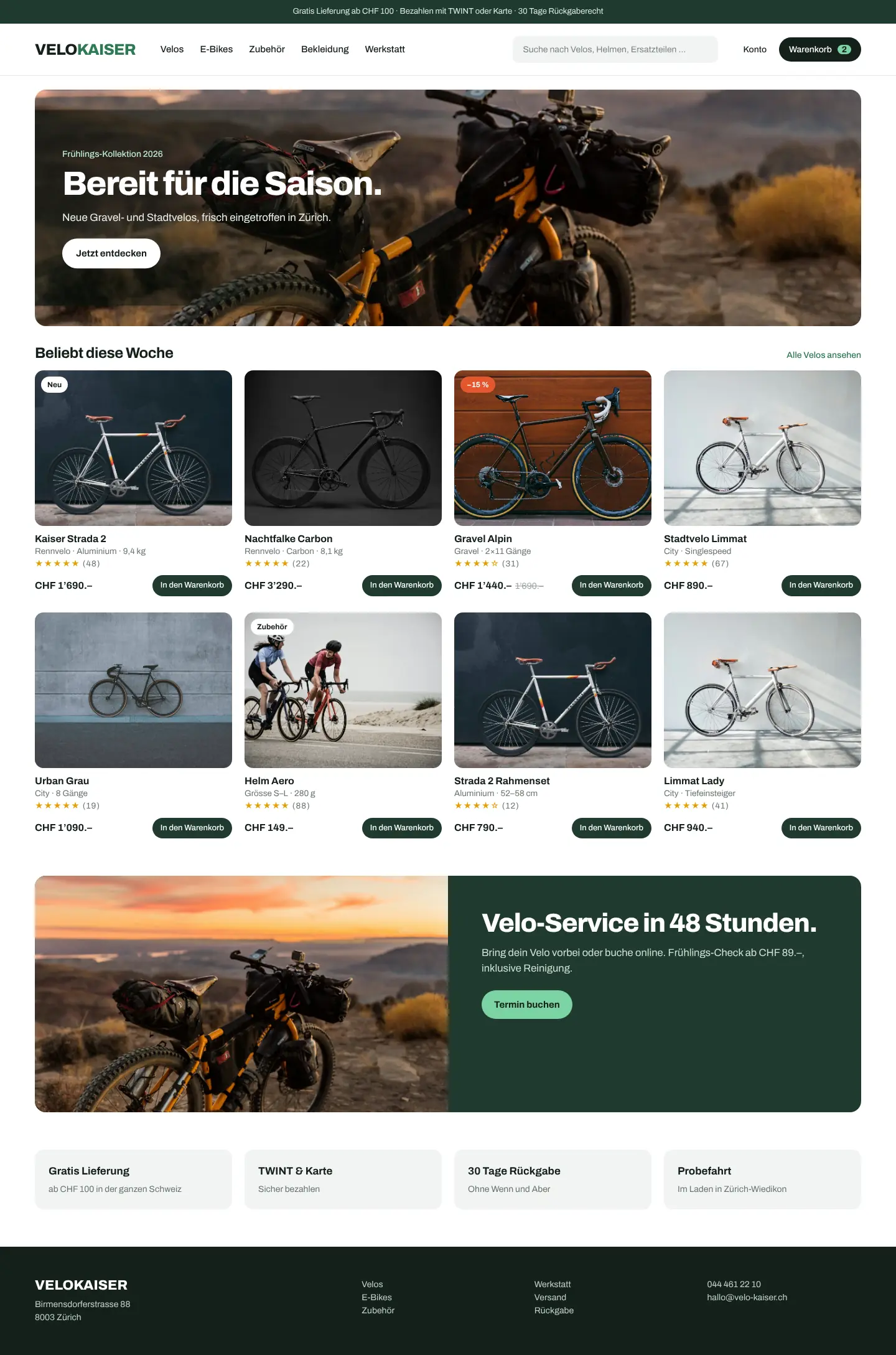 Webshop von Velo Kaiser (Musterentwurf)